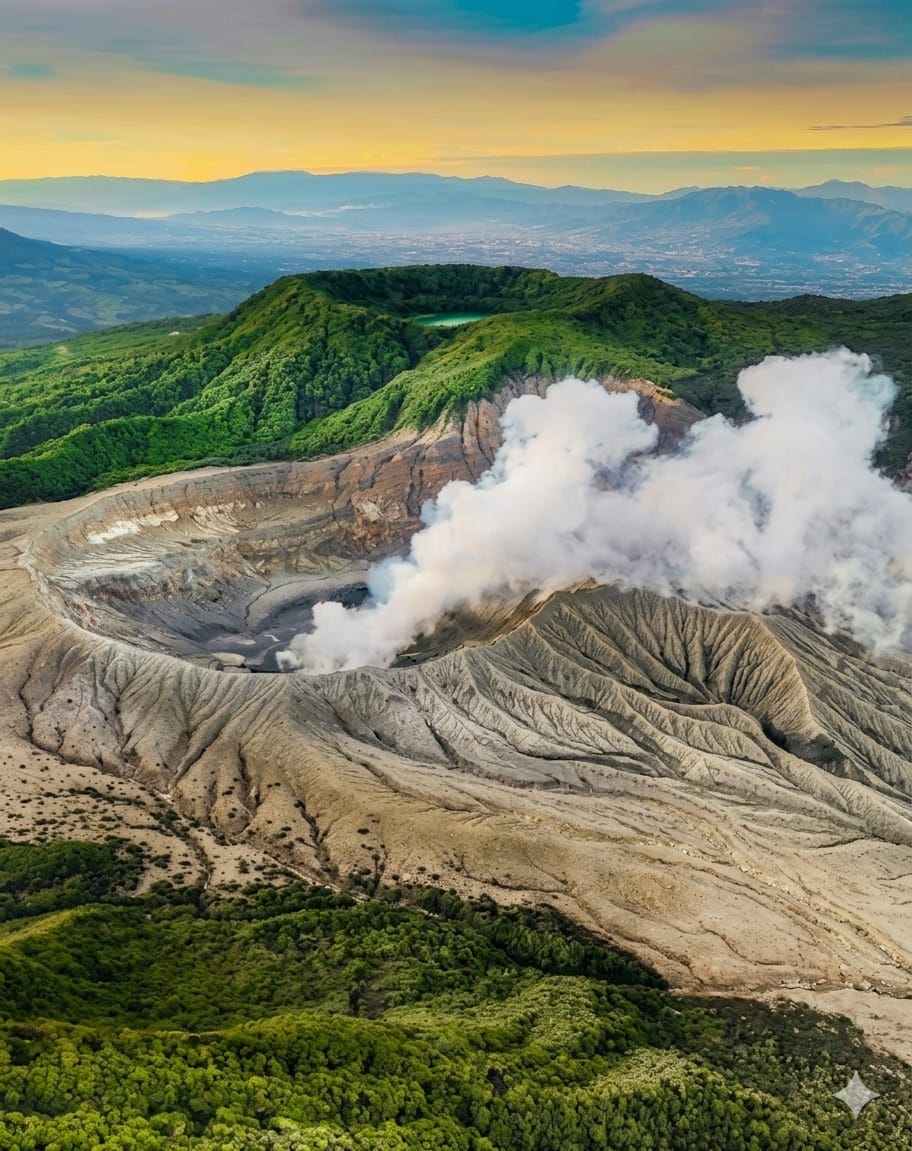 Cráter del Volcán Poás con Laguna Botos al fondo al atardecer