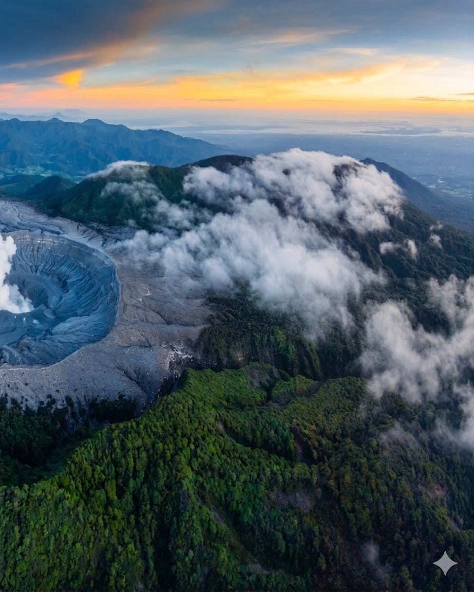Cráter del Volcán Poás entre nubes al amanecer
